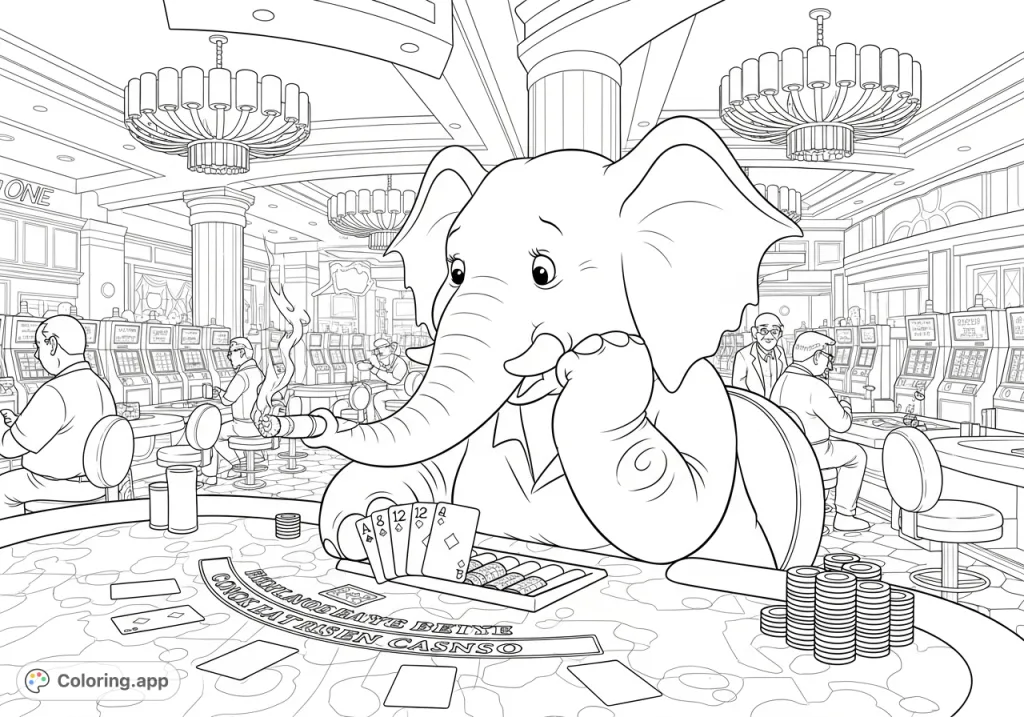Join Lucy the elephant at the Ocean One Casino for a high-stakes blackjack game. A unique and humorous adult coloring page with intricate casino details.