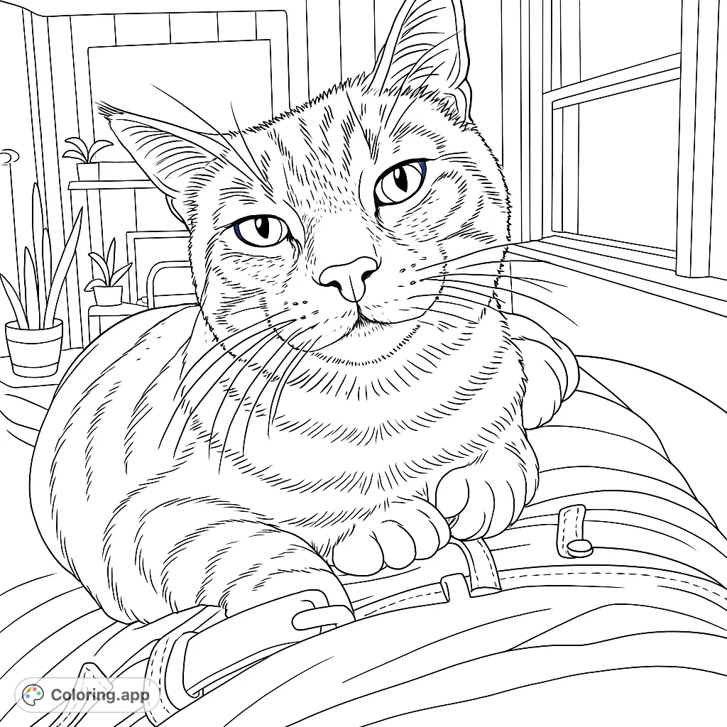 A charming tabby cat rests on a lap, looking directly at you. This free printable cat coloring page offers detailed fur patterns and a cozy indoor scene.