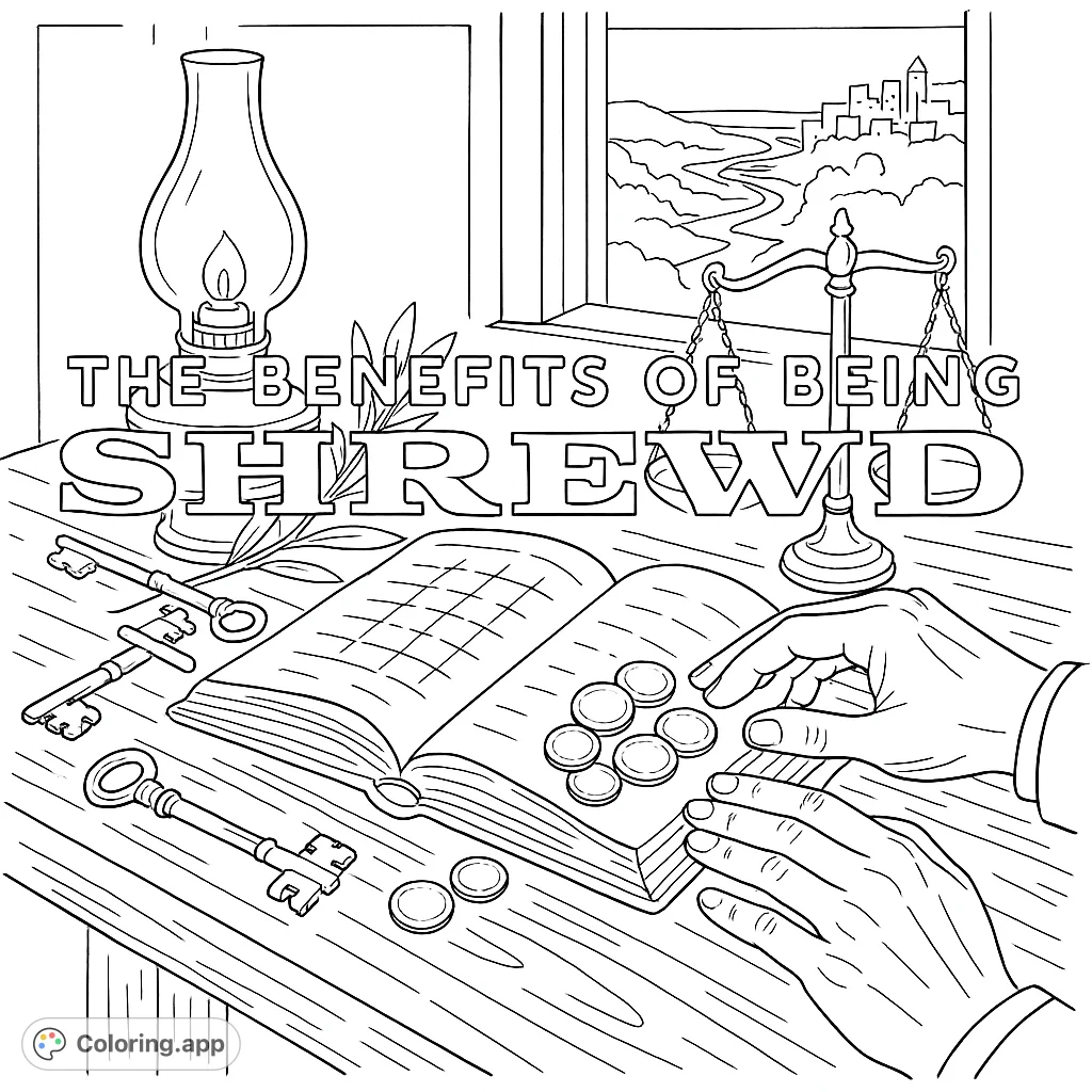 Explore a scene of ancient wisdom, wealth, and justice. Features an open book, coins, keys, and a balance scale, set against a distant town landscape.
