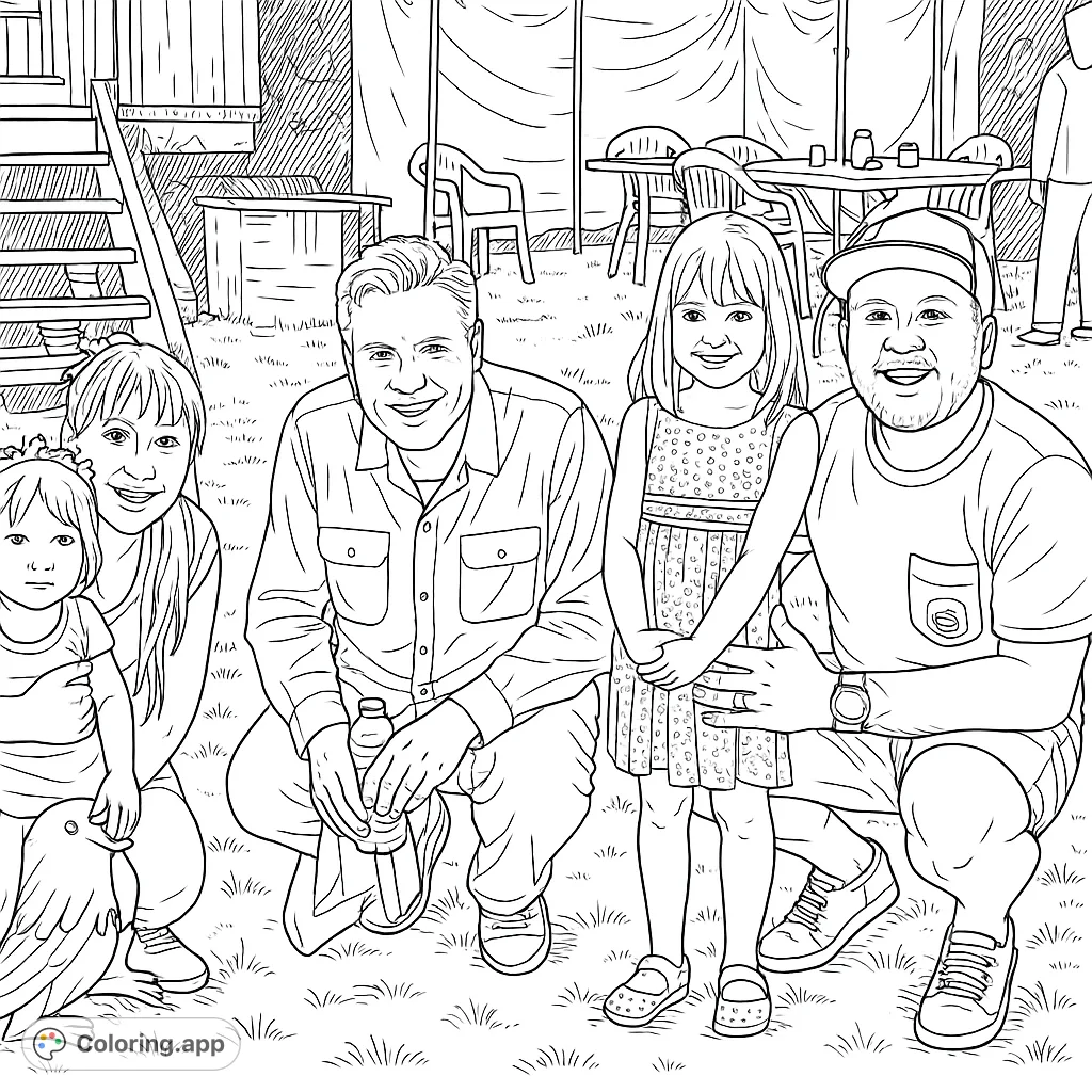A heartwarming family outdoor gathering coloring page featuring two adults and two children smiling together, perfect for celebrating togetherness and happy moments.