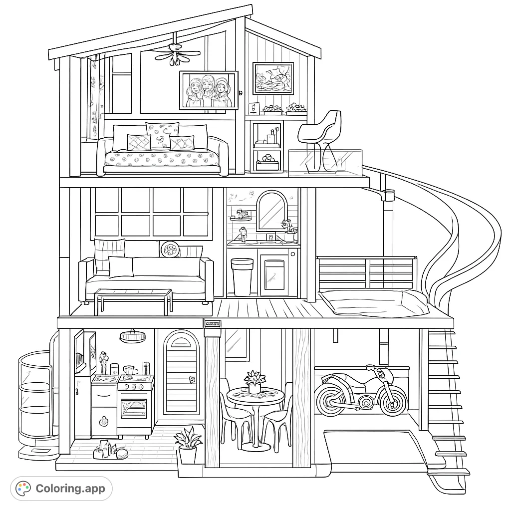 Explore a multi-story dollhouse with detailed rooms, furniture, and outdoor fun. A perfect dollhouse coloring page for imaginative play and creative expression.
