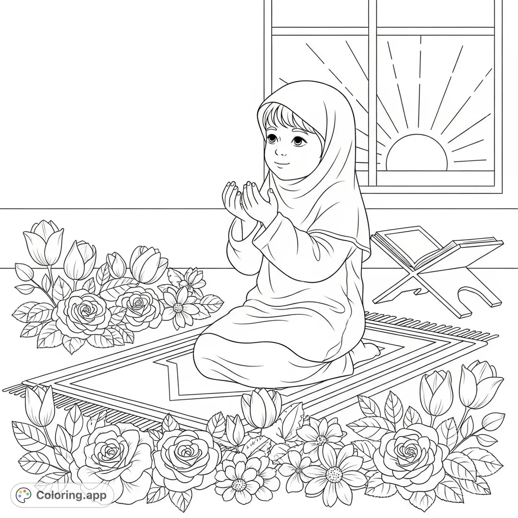 A peaceful Fajr prayer scene featuring a child surrounded by blooming flowers and a gentle sunrise, perfect for quiet reflection and creative expression.