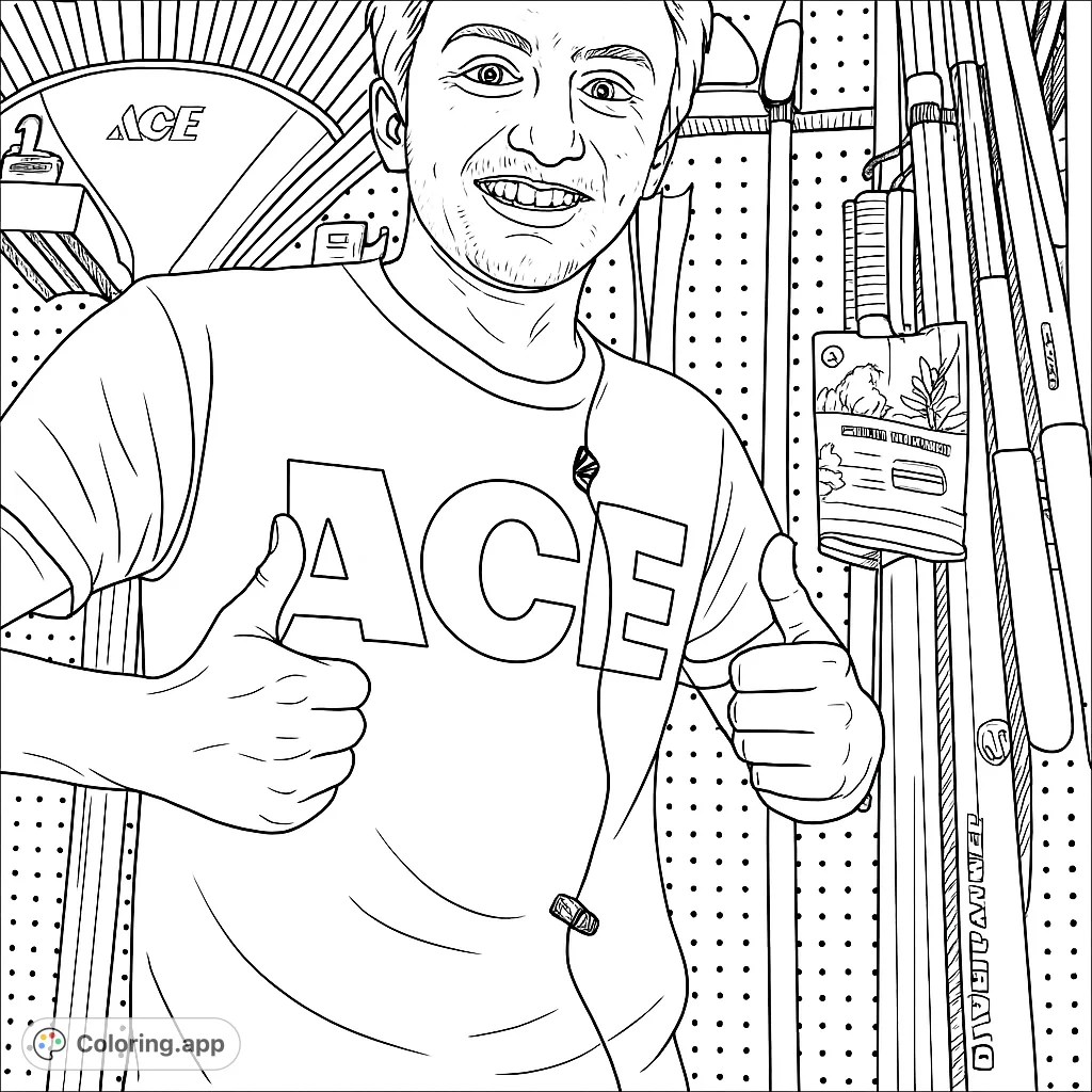 A cheerful man gives two thumbs up in a hardware store, surrounded by garden tools. A fun, free printable hardware store coloring page for all ages.