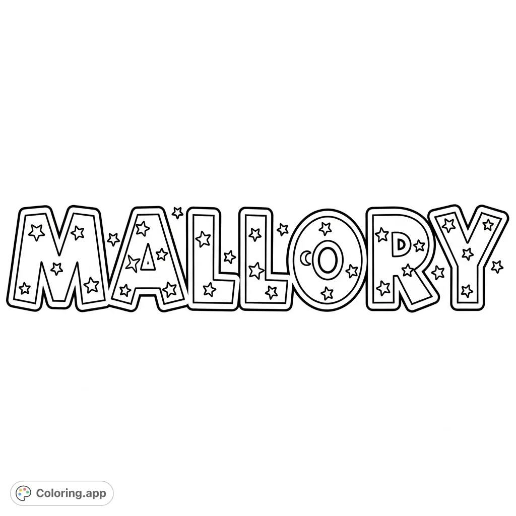 A fun and simple Mallory coloring page featuring large block letters, perfect for toddlers and preschoolers to practice name recognition and fine motor skills.