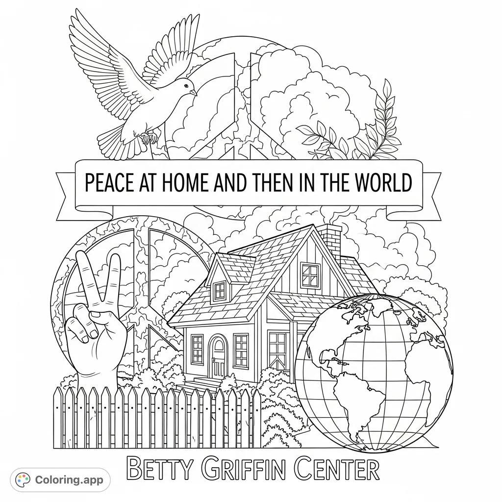 A serene coloring page featuring a home, dove, peace sign, and globe, with inspiring text for the Betty Griffin Center. Promote peace and community.