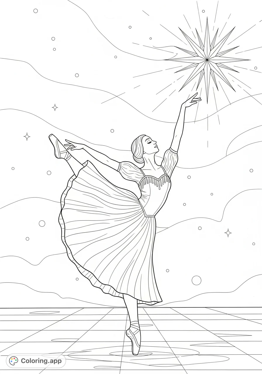 Capture the elegance of a dancer in a dynamic pose, reaching for a radiant star. A beautiful free printable dancer and star coloring page.