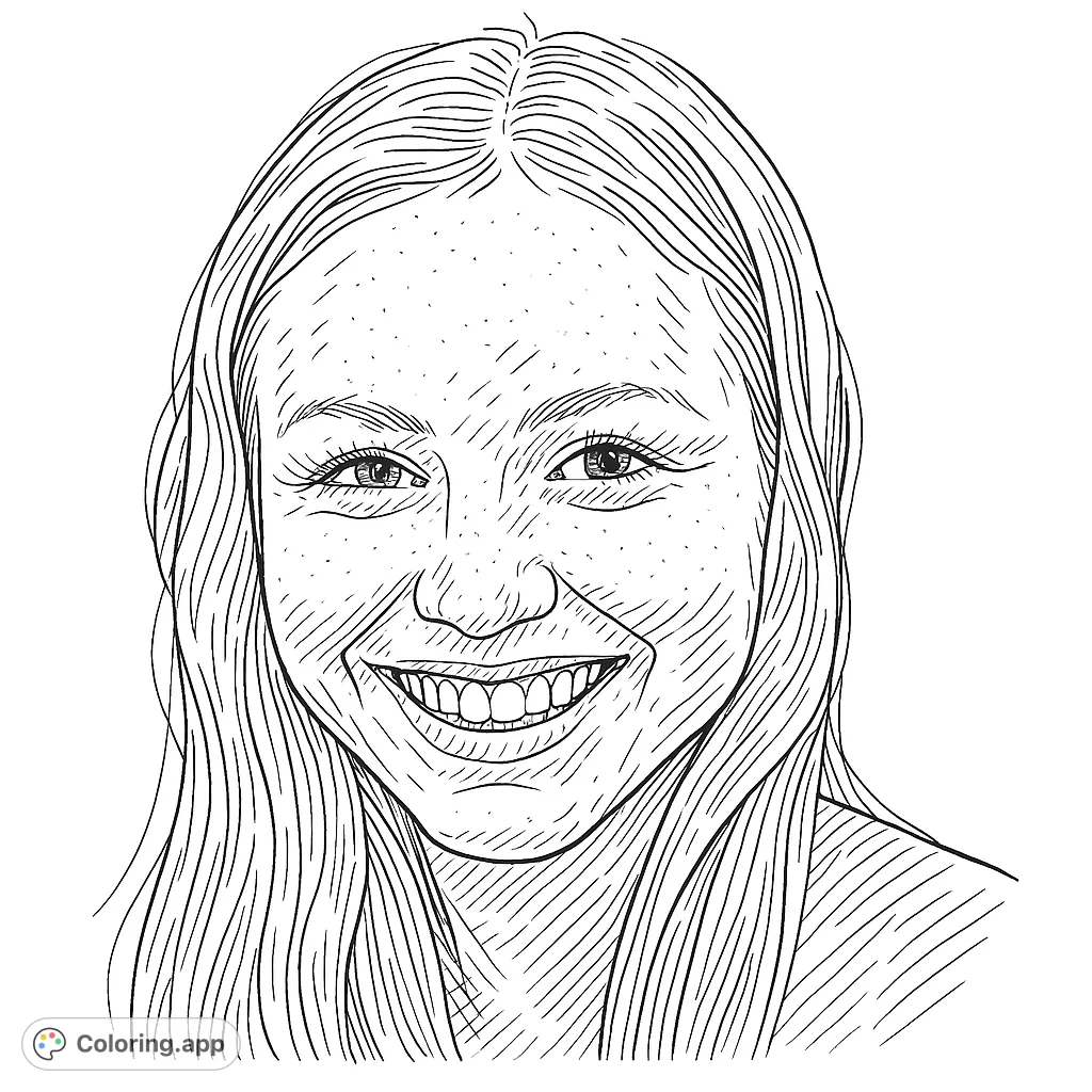 A detailed portrait of a smiling young woman with long hair and freckles, perfect for a personalized coloring experience. Hand-drawn sketch appearance.