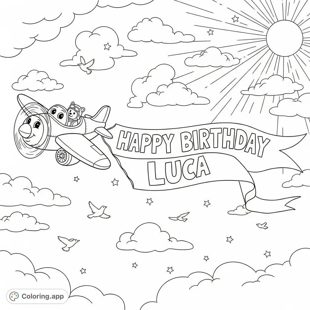 A delightful airplane pulls a 'Happy Birthday Luca' banner through a sky filled with clouds, a sun, and birds. Perfect for a cheerful celebration!