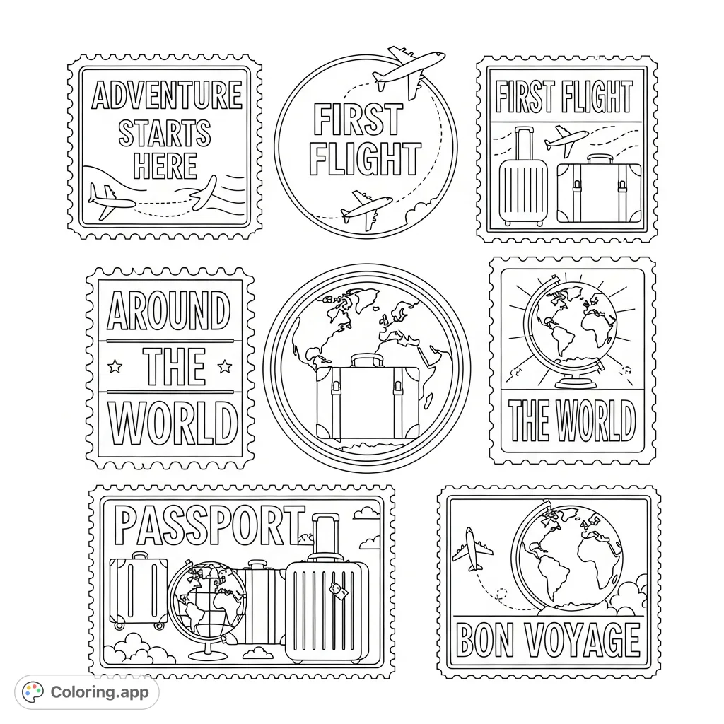 Embark on a creative journey with this free printable passport stamp coloring page! Features bold, easy-to-color travel designs and fun phrases.