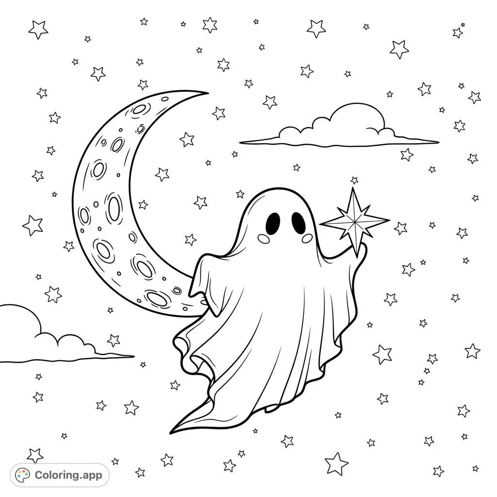 A friendly ghost floats under a crescent moon, holding a star amidst a sky full of twinkling constellations. A charming and whimsical ghost coloring page for all ages.