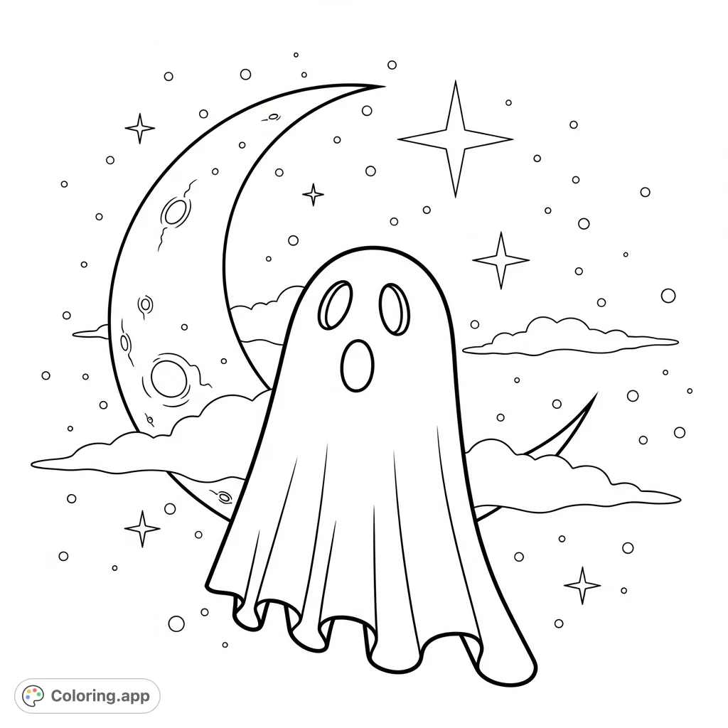 Float into a whimsical night with a friendly ghost hovering under a crescent moon and twinkling stars. A charming, easy-to-color scene for all ages.
