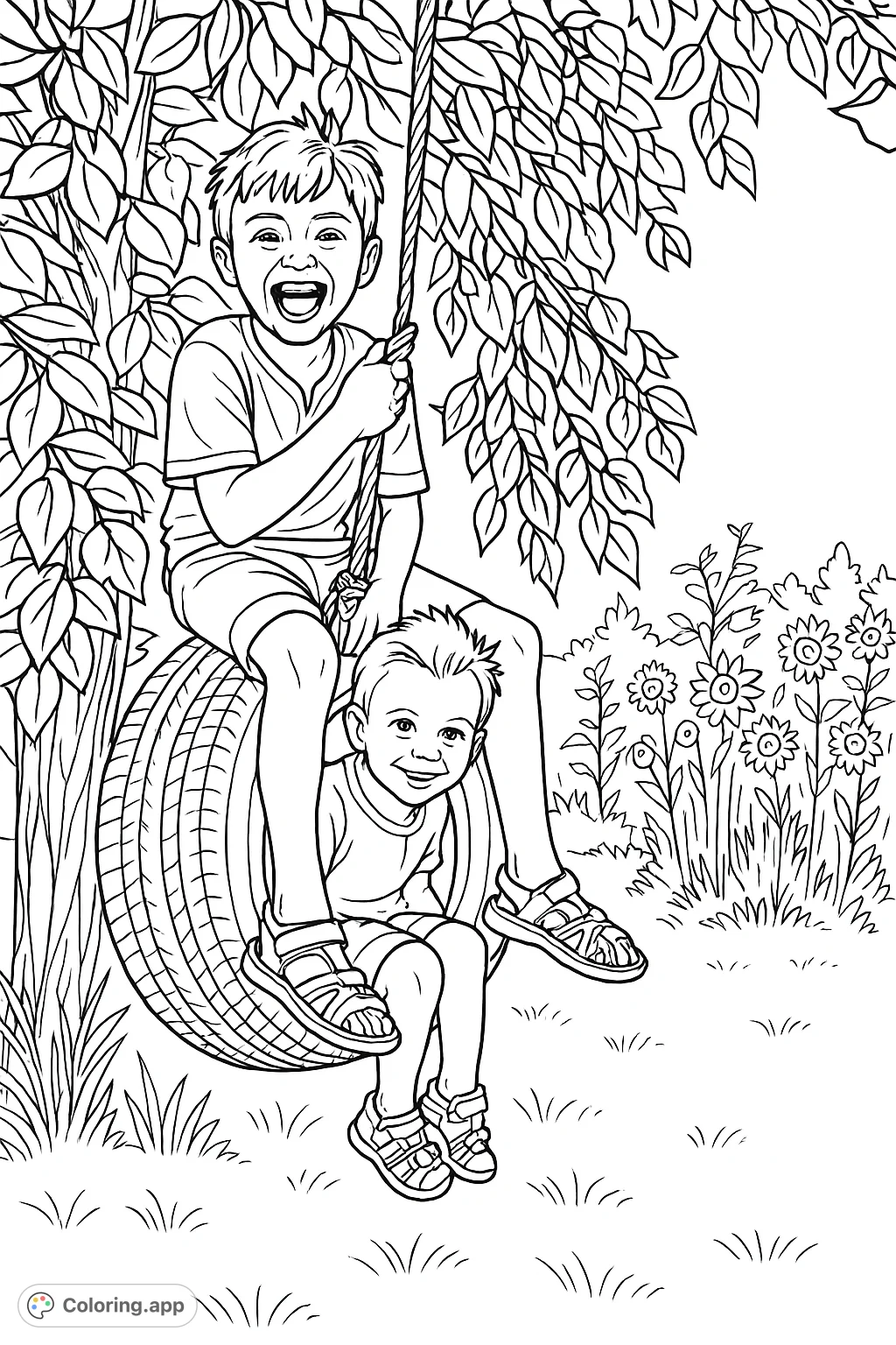 Two joyful boys share a tire swing under a leafy tree, with a field of large flowers in the background. A fun outdoor scene for coloring.