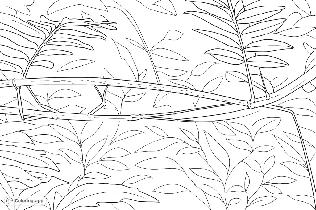 Discover a master of disguise! This stick insect coloring page features a slender insect perfectly blended with its branch, surrounded by lush foliage.