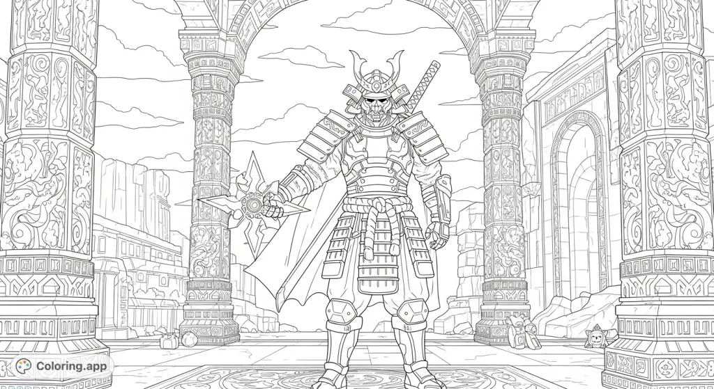 Unleash your creativity on a powerful cyber samurai warrior in futuristic armor, standing amidst grand, intricately carved ancient ruins under a dramatic sky.