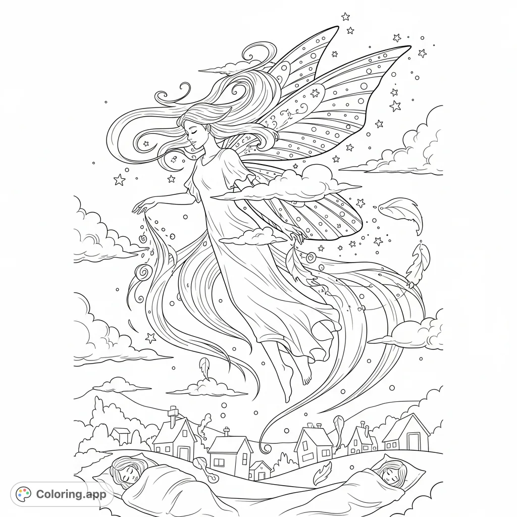 Float into a magical night with the Dream Weaver, a graceful fairy figure bringing dreams to a sleeping world. Intricate wings, swirling clouds, and stars await your colors.
