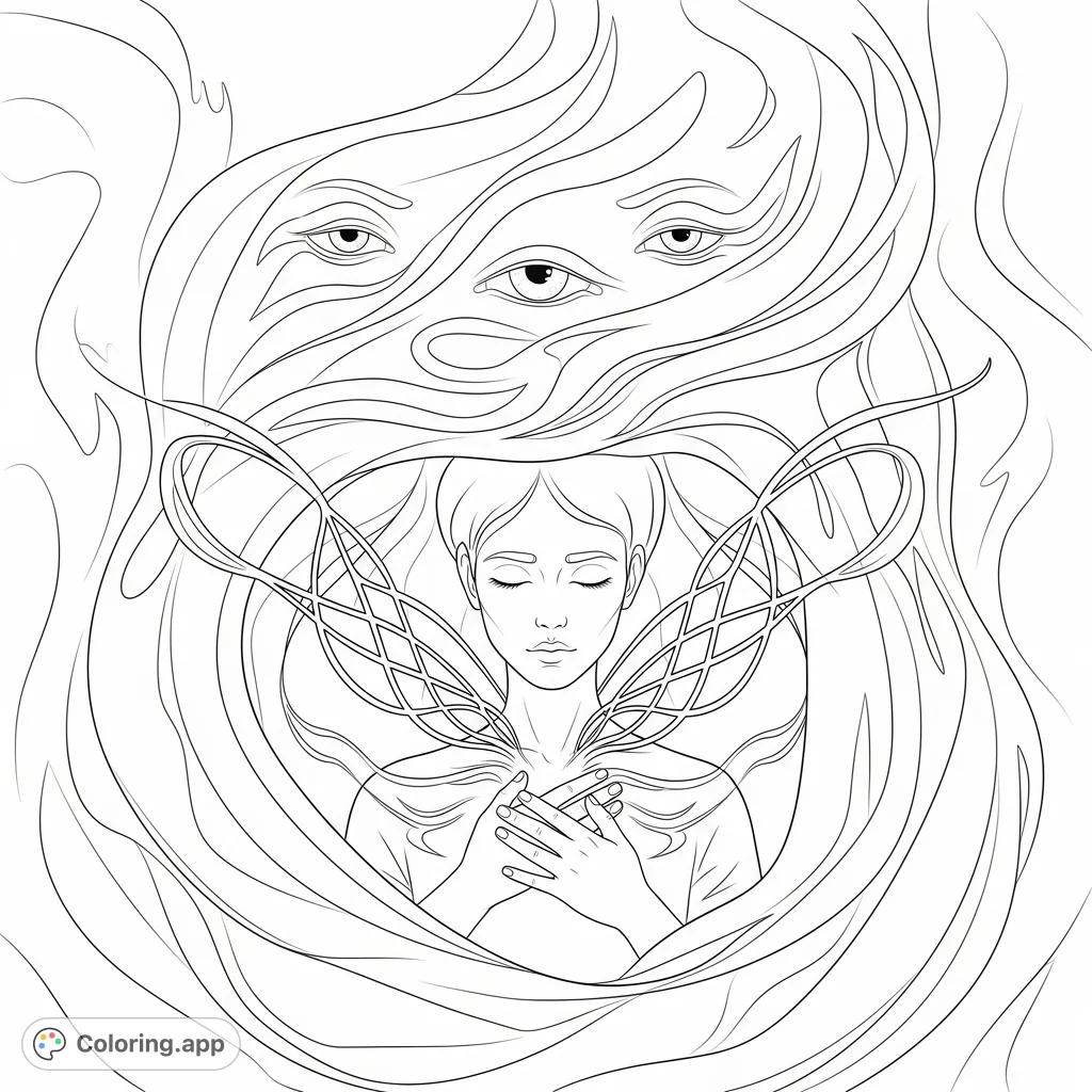 Discover "The Friend" in this introspective coloring page. An ethereal presence with gentle eyes surrounds a contemplative figure, symbolizing inner connection and support.