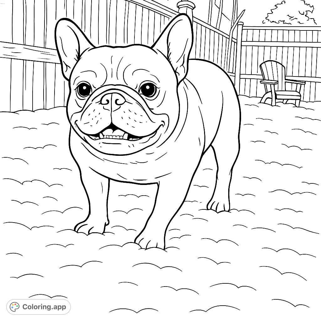 A charming French Bulldog stands playfully in a snowy yard, ready for a fun coloring adventure. Perfect for dog lovers of all ages!