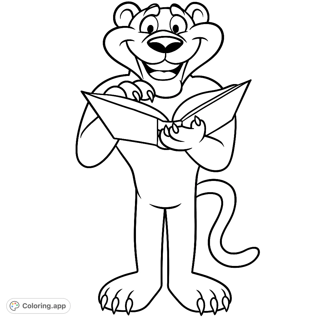 A cheerful cartoon panther character stands, engrossed in an open book. Perfect for young readers and animal lovers to color and enjoy.