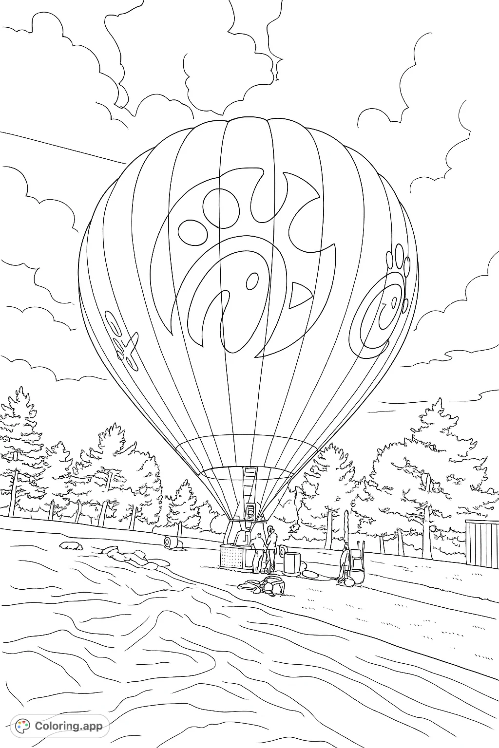 Soar into adventure with this hot air balloon coloring page! Features a large balloon, ground crew, and a scenic outdoor setting.
