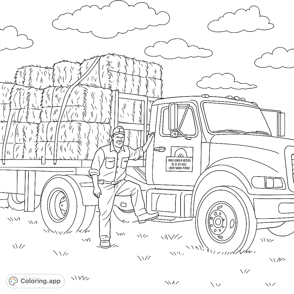 A hardworking farmer stands proudly beside his large truck, loaded with hay bales, ready for transport. A perfect farm life scene to color.