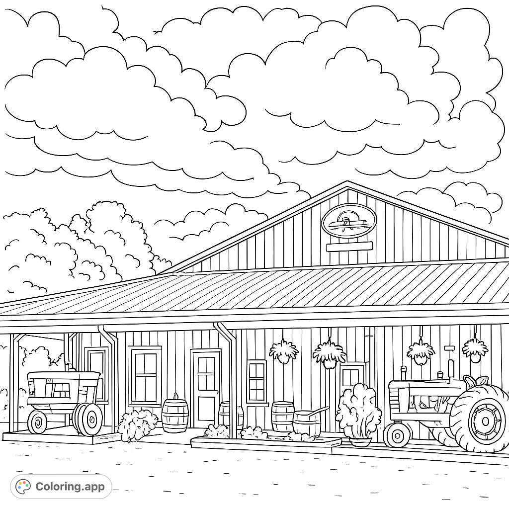 Australian Rural Shacks Colouring In Rustic Barn with Vintage Tractors - Coloring.app