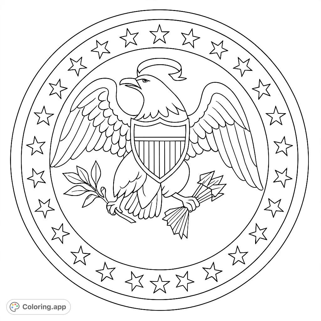 A majestic eagle emblem with a shield, olive branch, and arrows, surrounded by stars in a circular design. Perfect for patriotic themes.