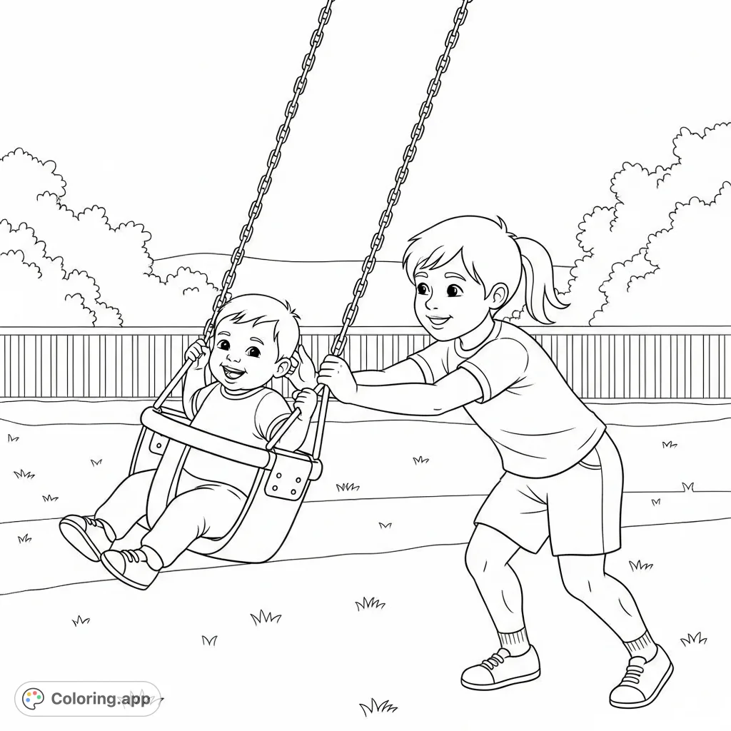 Capture the joy of childhood with this playground fun coloring page featuring two children on a swing, perfect for inspiring imaginative play and learning about movement.