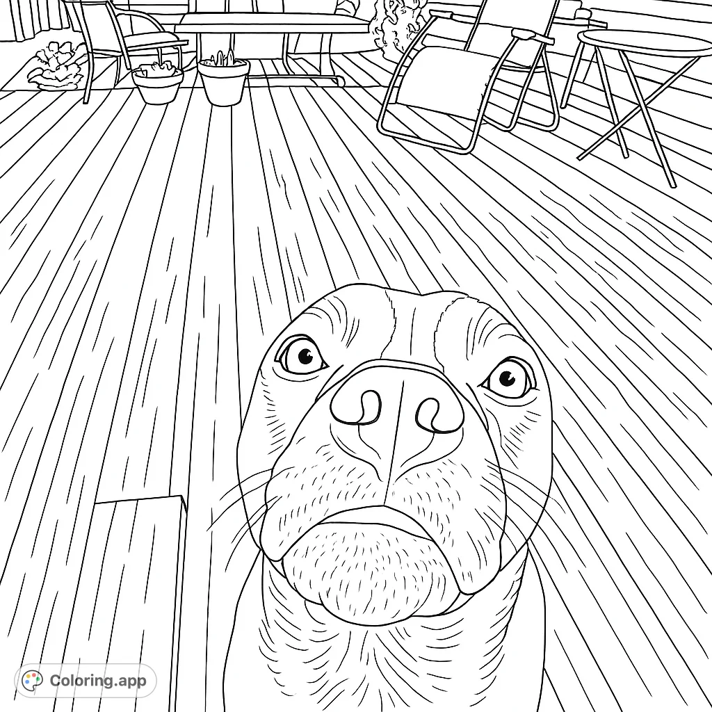 A charming close-up of a friendly dog with an inquisitive expression, captured from a low angle on a wooden deck. Perfect for animal lovers.
