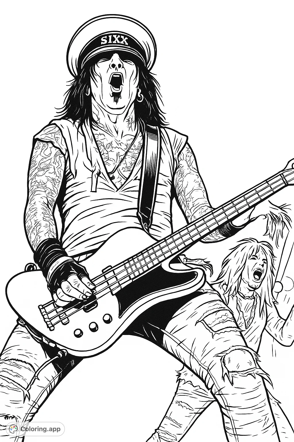 Capture the raw energy of a rock bassist on stage, complete with detailed attire and instrument. A dynamic music coloring page for fans.