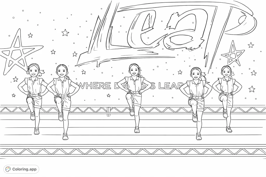 Five joyful young dancers perform a synchronized routine on a starry stage. A fun dance coloring page for kids to express creativity.