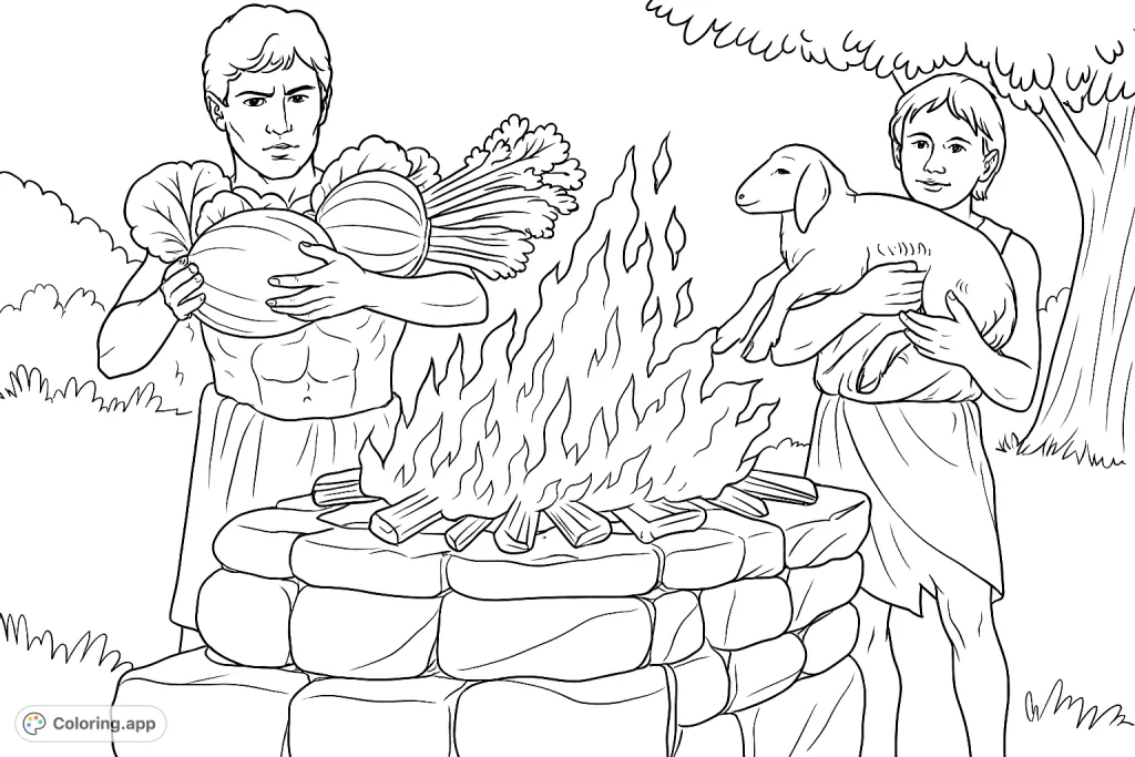 A biblical scene depicting two brothers presenting their offerings before a stone altar with a blazing fire, set in a natural landscape. A timeless story.