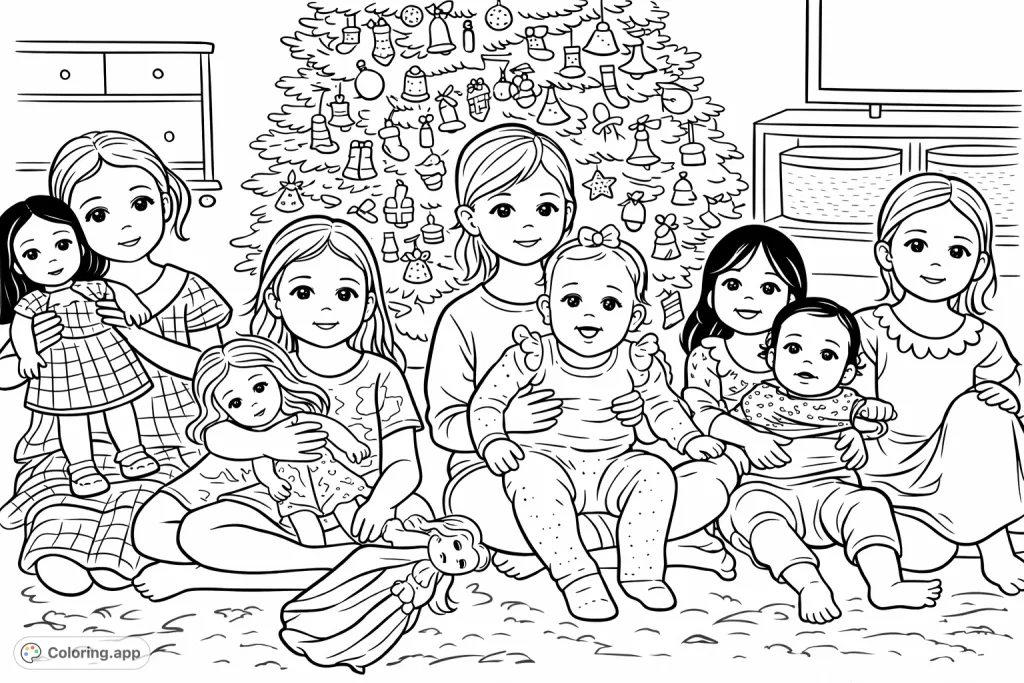 Join seven joyful girls and their dolls in a festive setting. This holiday coloring page captures a sweet moment, perfect for young artists to personalize and enjoy.