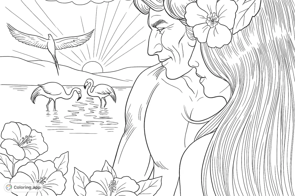 Explore an idyllic scene featuring two figures, graceful birds, and lush flora. A serene nature coloring page perfect for all ages.