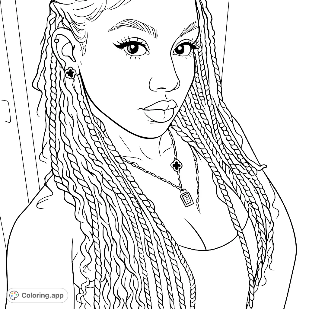 An elegant portrait of a woman with intricate braids and stylish jewelry. Perfect for detailed coloring, focusing on facial features and accessories.