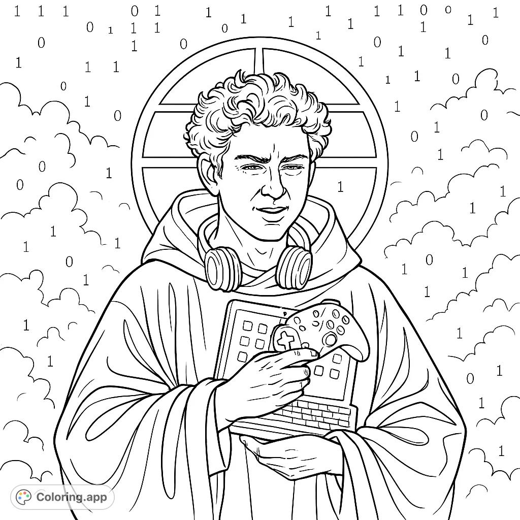 Color a modern digital sage, blending ancient wisdom with contemporary tech. Features a young man with a tablet, game controller, and binary code background.
