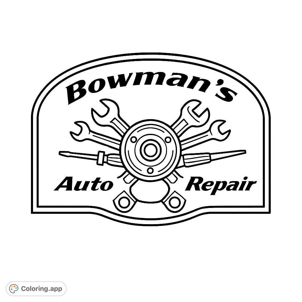 A vintage-style auto repair emblem featuring crossed tools and a central gear, perfect for car enthusiasts to color and customize.