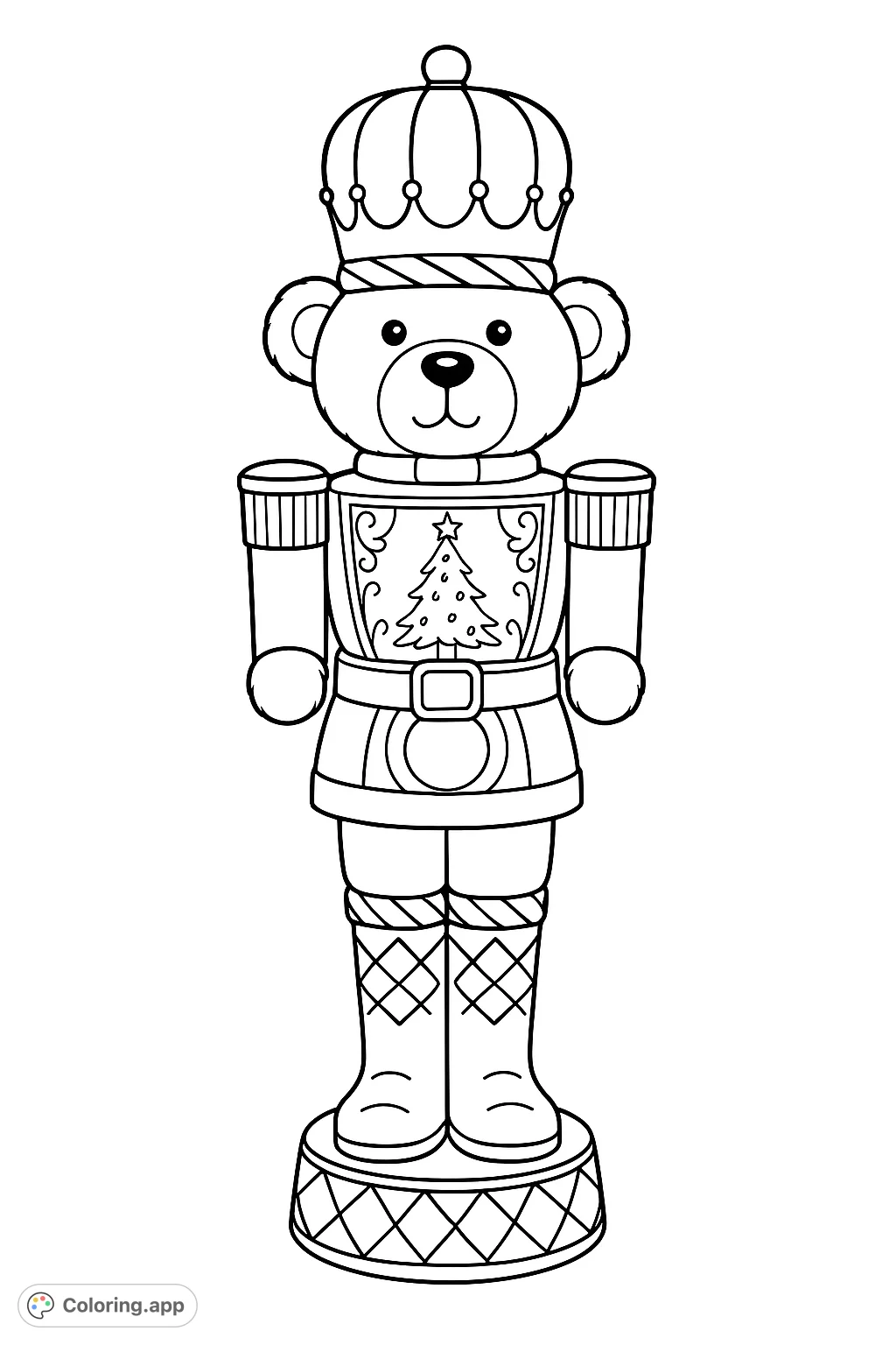 A charming nutcracker bear in a detailed uniform, holding a drum, with a festive scene in its chest. Perfect for holiday coloring fun!