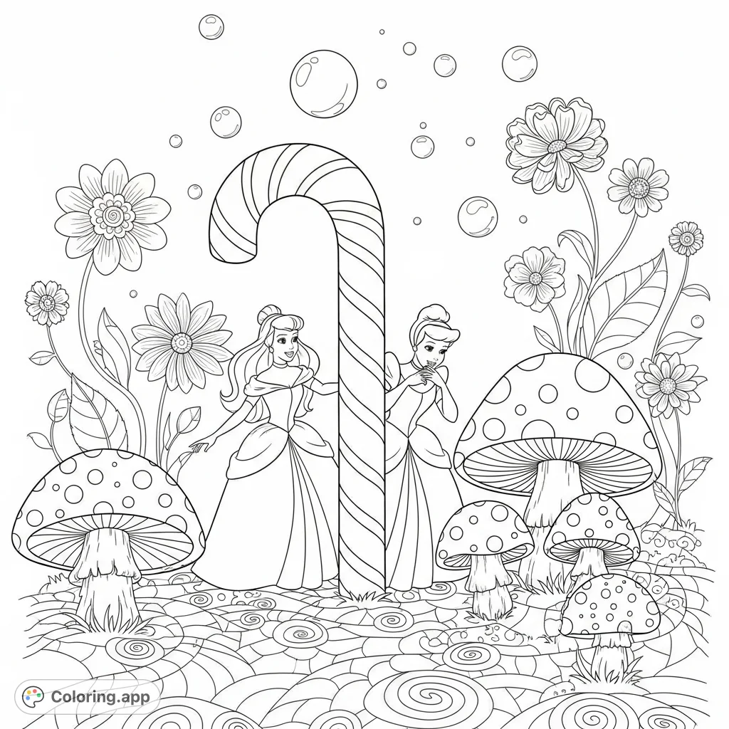 Cinderella and a princess play hide-and-seek in a whimsical wonderland, featuring a striped candy cane, polka-dotted toadstools, and intricate floral patterns.