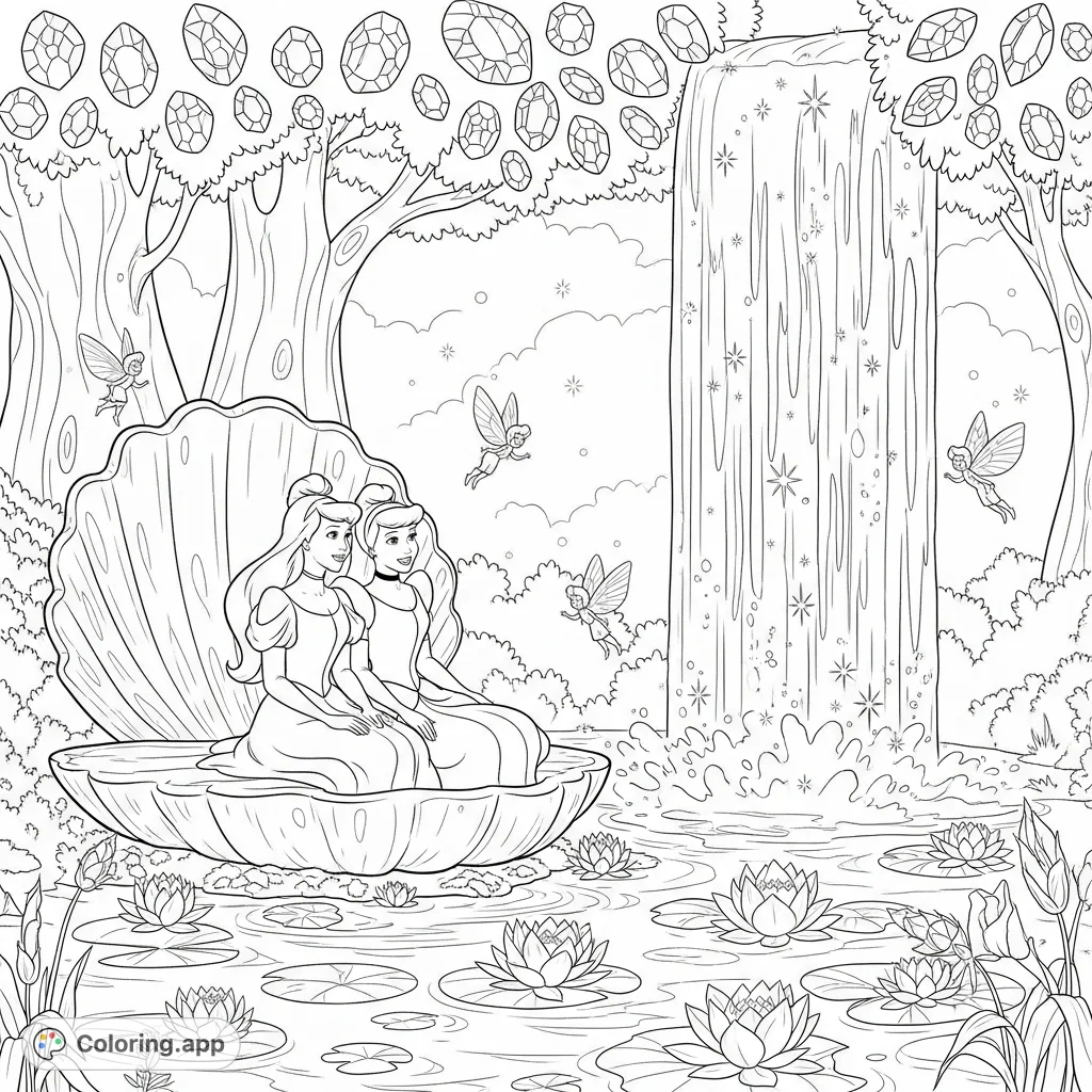 A magical princess coloring page featuring Cinderella and another princess on a seashell bench, enchanted by a starlight waterfall and whimsical sprites.
