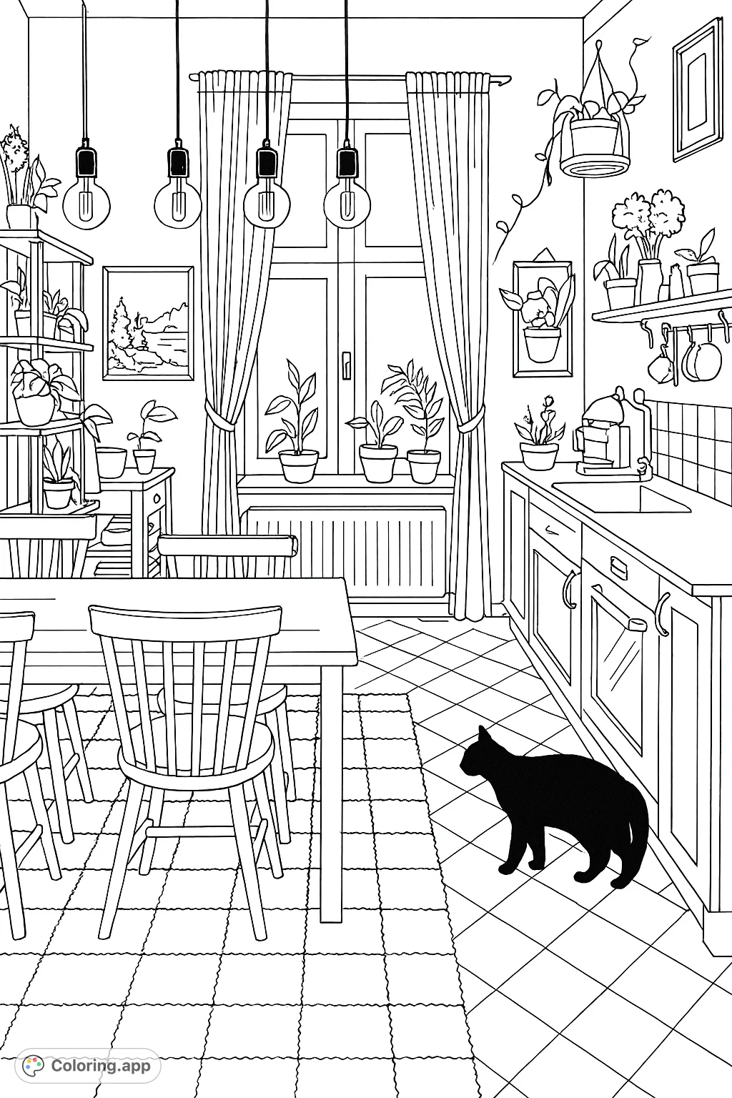 Explore a charming kitchen and dining scene, complete with a curious cat, abundant plants, and intricate details, perfect for a relaxing coloring experience.