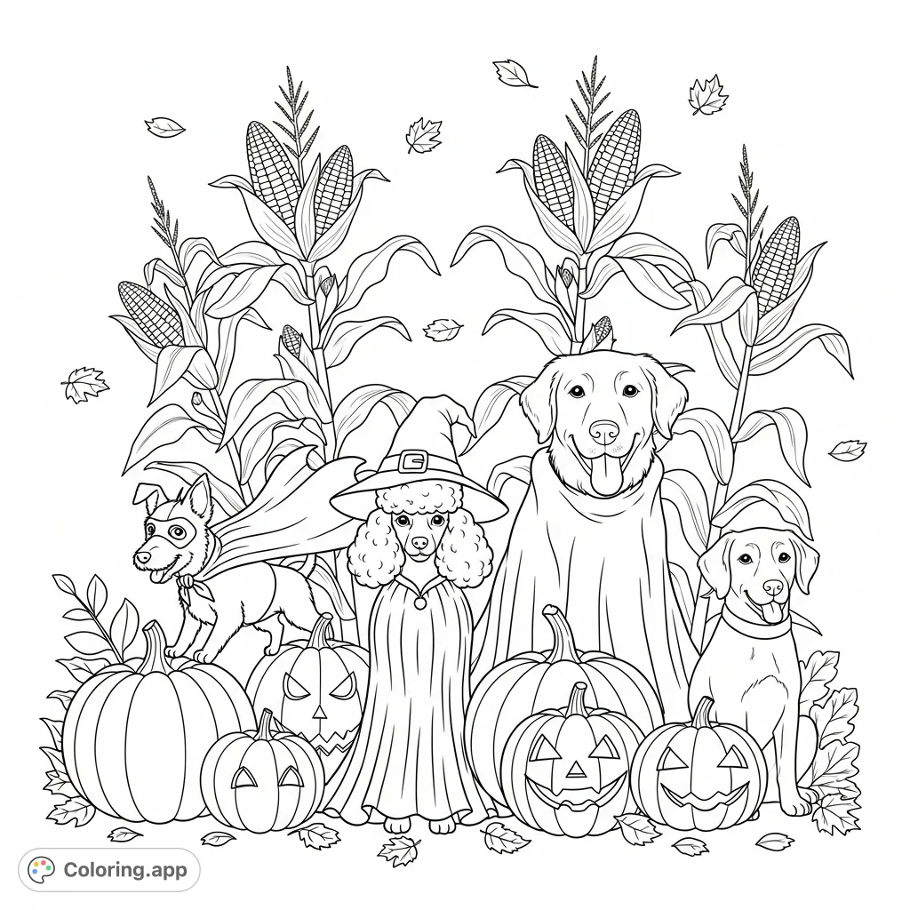 A delightful Halloween coloring page featuring various dogs in playful costumes, surrounded by festive pumpkins and tall corn stalks, perfect for a spooky-fun coloring adventure.