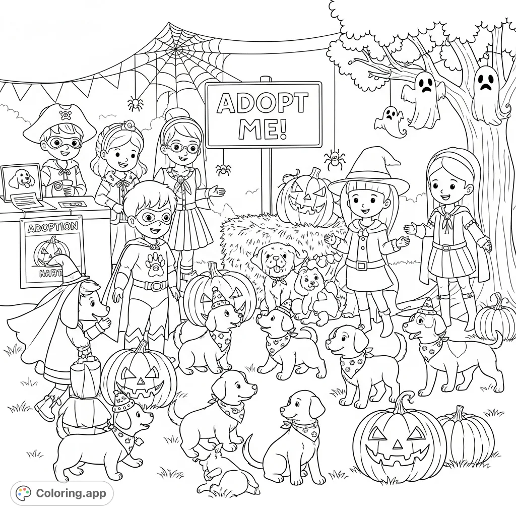 A heartwarming Halloween scene featuring kids in costumes playing with adorable dogs and puppies at a festive adoption event. Perfect for animal lovers!