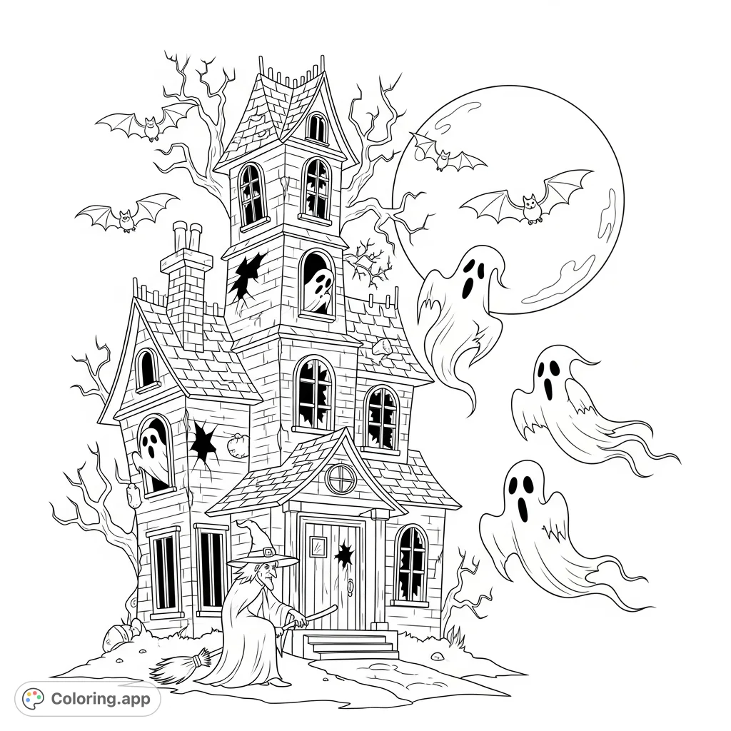 Explore a spooky haunted house coloring page featuring a witch, bats, and ghosts under a full moon. Perfect for Halloween fun!