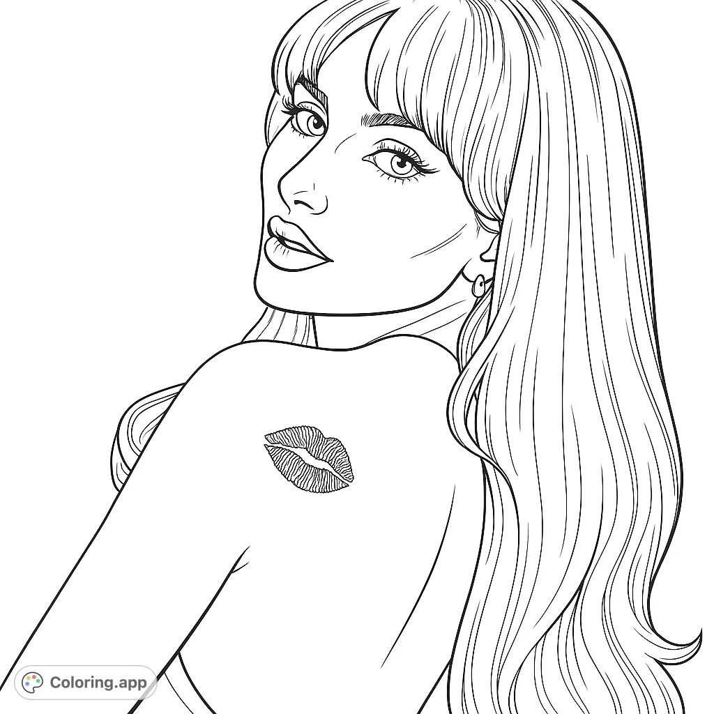 Capture the allure of a glamorous woman with flowing hair and a playful kiss mark on her shoulder. A stylish and confident portrait awaiting your creative touch.