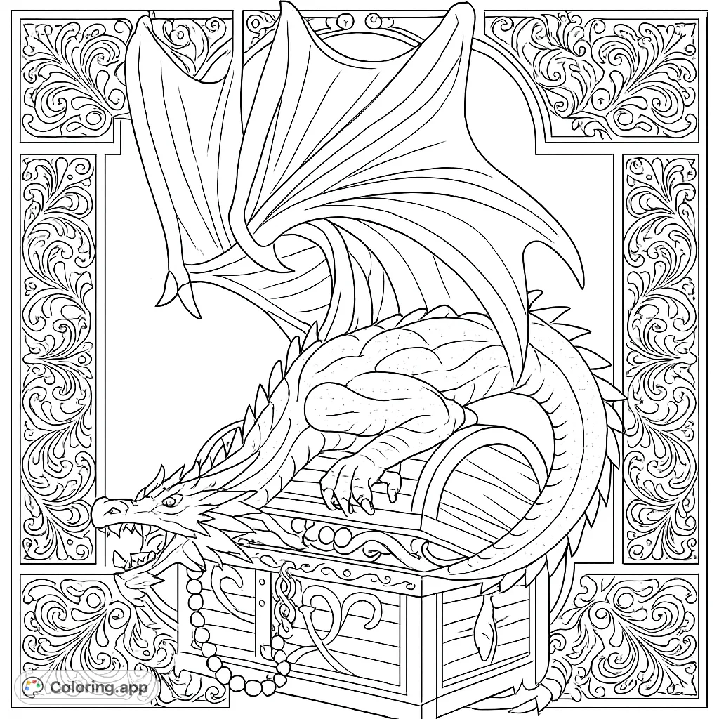 A magnificent dragon guards its overflowing treasure chest, surrounded by an ornate frame. Unleash your creativity on this detailed fantasy scene.