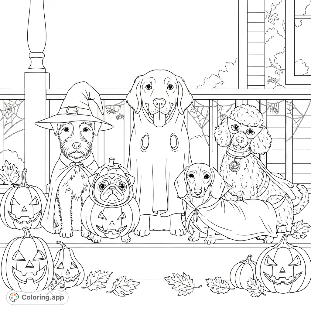 Celebrate Halloween with this adorable coloring page featuring various dog breeds dressed in fun, festive costumes on a decorated porch.