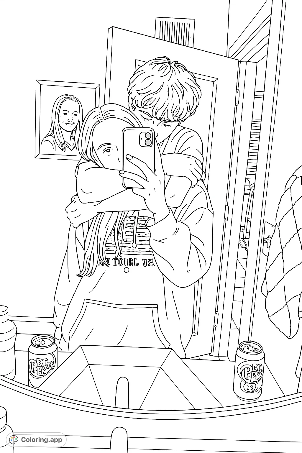 A heartwarming scene of a couple embracing, captured in a mirror reflection. Perfect for expressing affection and connection in a unique setting.