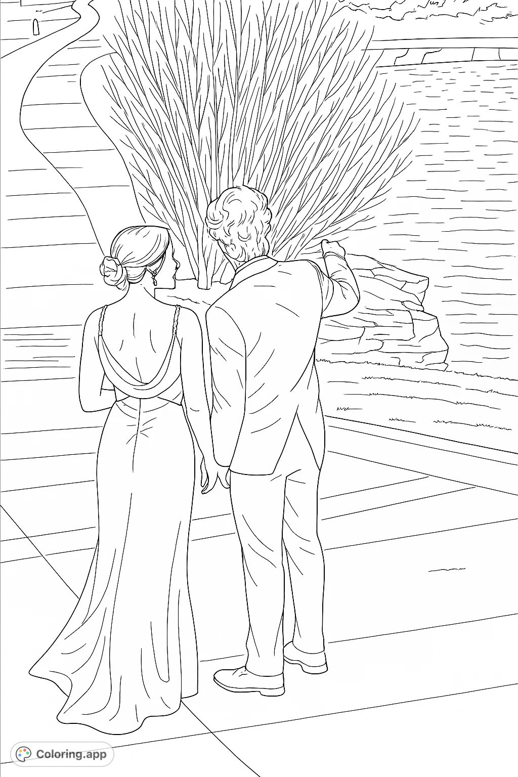 Capture a moment of elegance with this couple in formal attire by a serene lake. Perfect for teens and adults to personalize with sophisticated shades.
