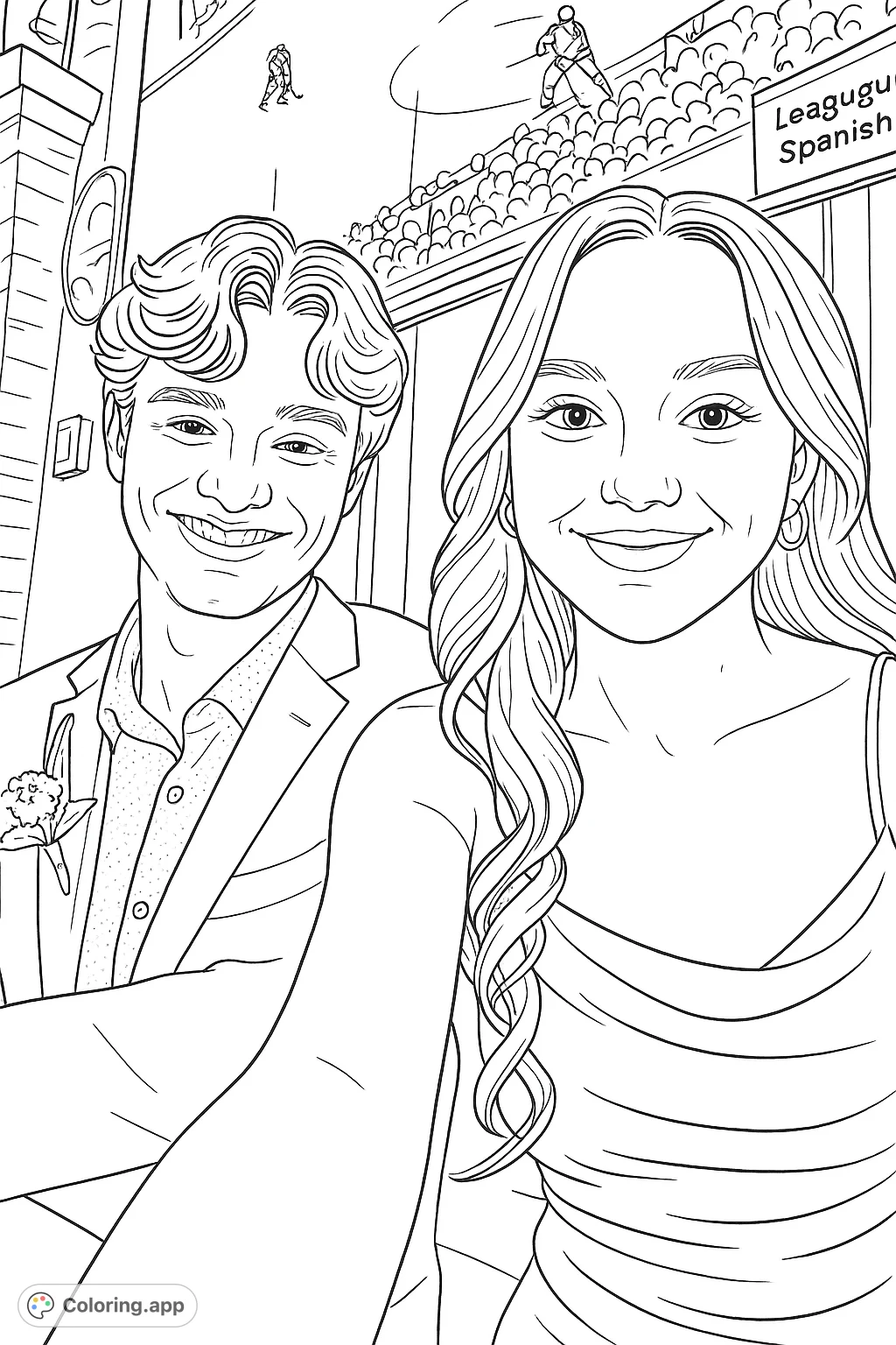 Capture the joy of a special occasion with this coloring page featuring a smiling young couple dressed formally, perfect for celebrating memorable moments.