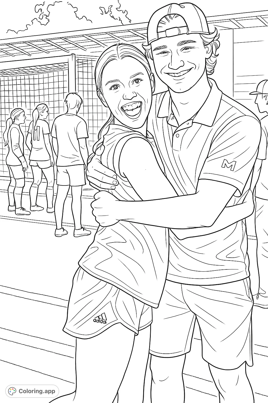 Capture a moment of joy with two friends embracing on a sports field, surrounded by athletic activity. A fun, active scene for all ages.